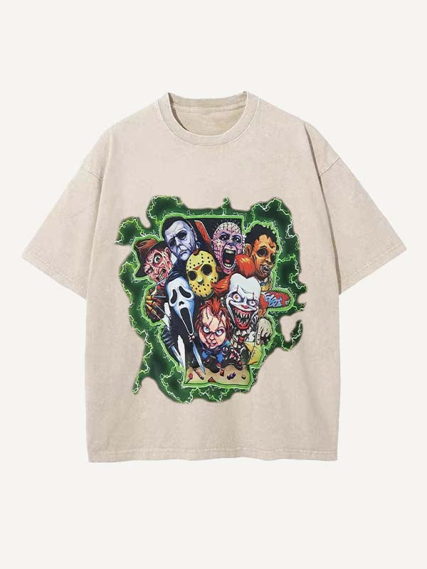 Camiseta de cuello redondo con estampado de terror desgastado y lavado 