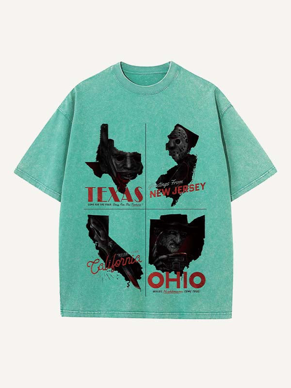 Camiseta de cuello redondo con estampado de terror de Halloween desgastado y lavado 