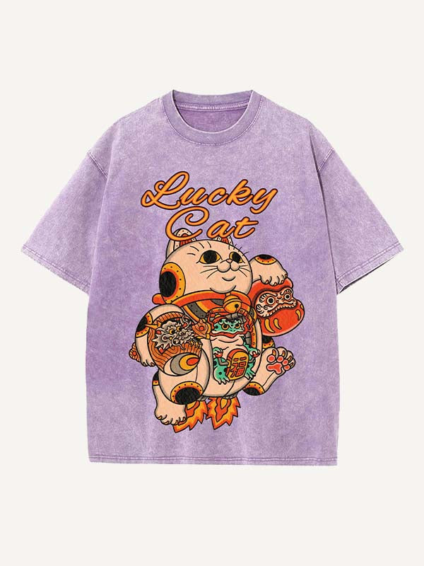 Camiseta de cuello redondo con estampado desgastado de gato, dragón, animal y gráfico 