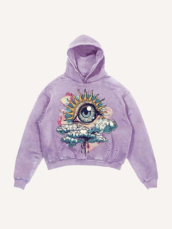 Sudadera con capucha y bolsillos inclinados con estampado gráfico de ojos, nubes y luna desgastados 