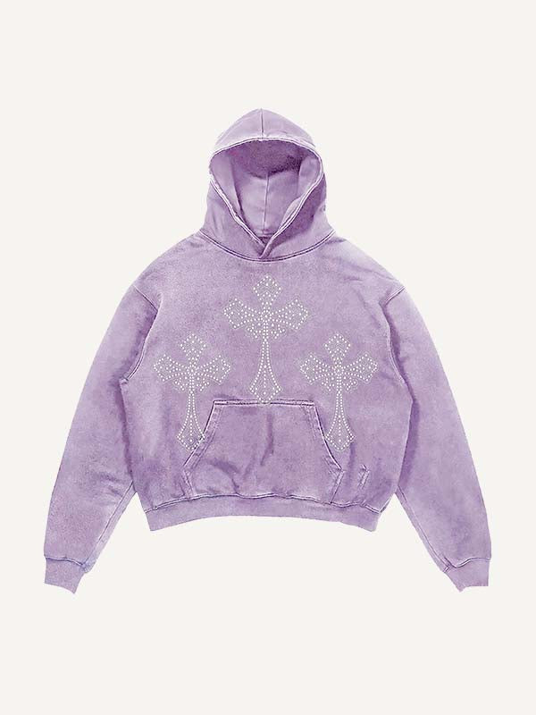 Sudadera con capucha y bolsillos inclinados con estampado de alas y cruces de imitación de diamantes de imitación y efecto desgastado 