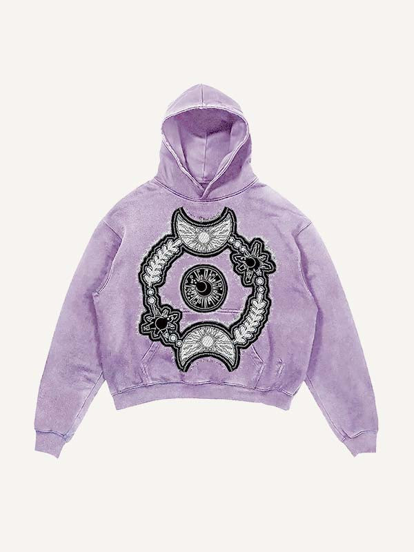 Sudadera con capucha y bolsillos inclinados con estampado gráfico de sol, luna, estrella y ojos, desgastada y lavada 