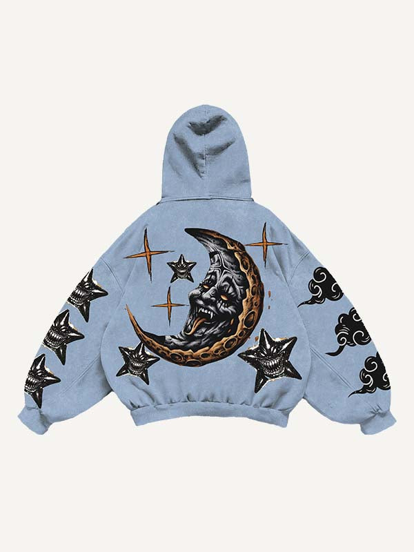 Sudadera con capucha y bolsillos inclinados con estampado de luna, sol, nubes y estrellas malvadas 