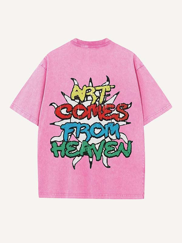 Camiseta de cuello redondo con estampado de letras y sol desgastado y lavado 