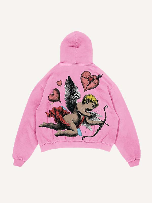 Sudadera con capucha y bolsillos inclinados con estampado de Cupido y Corazón desgastado y lavado 