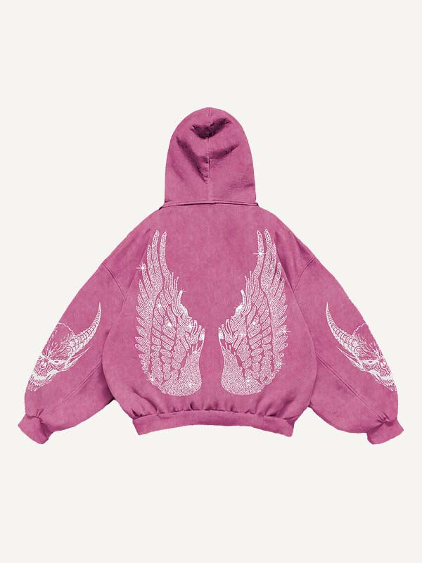 Sudadera con capucha y bolsillos inclinados con estampado de calcomanías falsas de Demon, Wing y Letter 