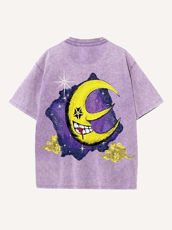 Camiseta de cuello redondo con estampado gráfico de sol, luna y nubes, desgastada y lavada