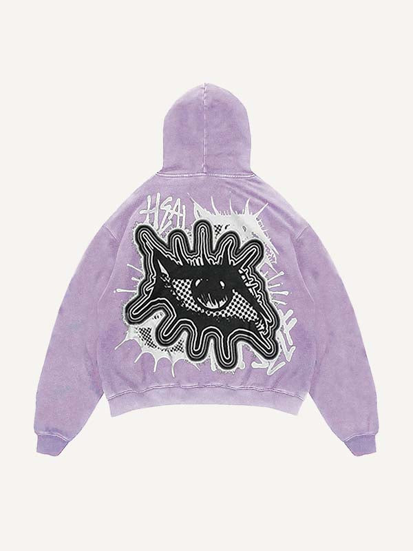 Sudadera con capucha y bolsillos inclinados con estampado de calcomanías falsas de ojos y letras desgastadas 