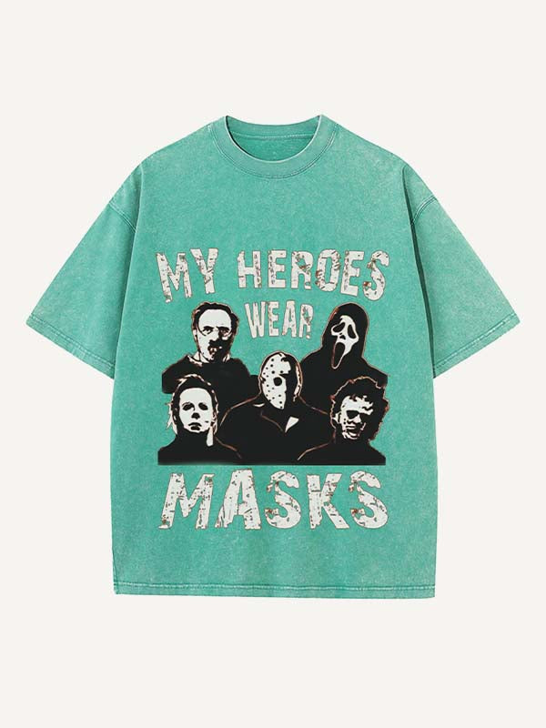 Camiseta de cuello redondo con estampado de terror de Halloween desgastado y lavado 