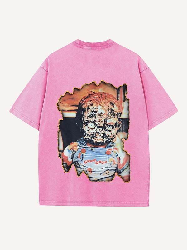 Camiseta de cuello redondo con estampado de terror desgastado y lavado 