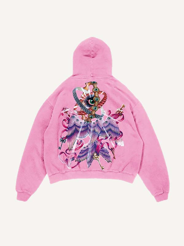 Sudadera con capucha y bolsillos inclinados con estampado gráfico de alas y ojos desgastados