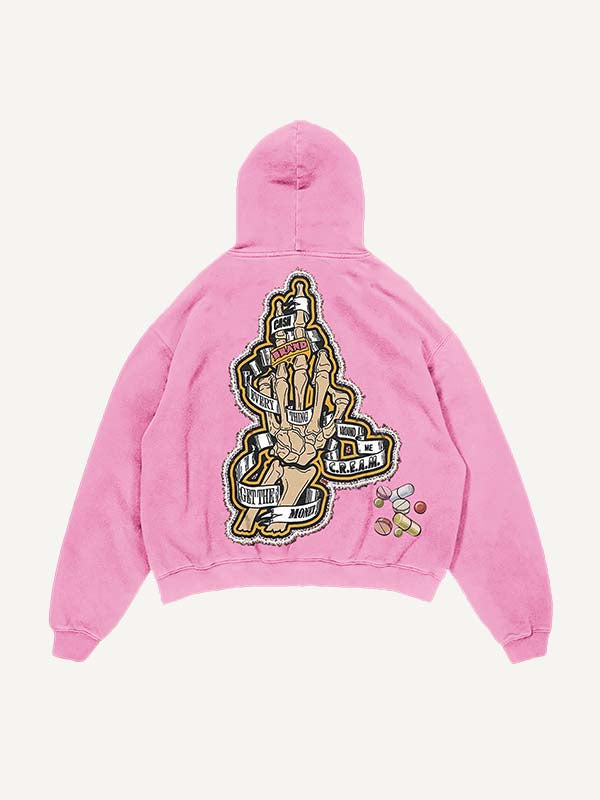 Sudadera con capucha y bolsillos inclinados, desgastada, con estampado de esqueleto inyectable, medicina y letras falsas 