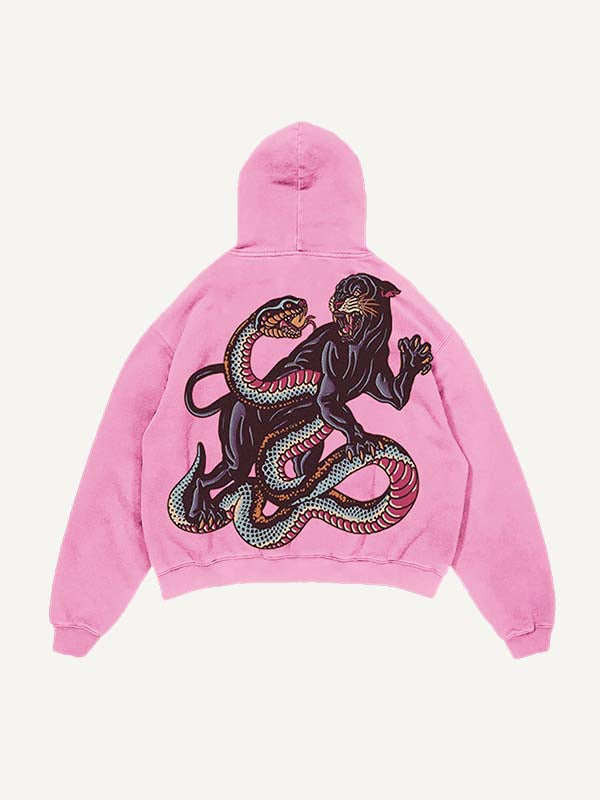 Sudadera con capucha y bolsillos inclinados con estampado de tigre, serpiente y pantera desgastado y lavado