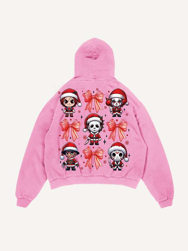 Sudadera con capucha y bolsillos inclinados con estampado de terror navideño desgastado y lavado
