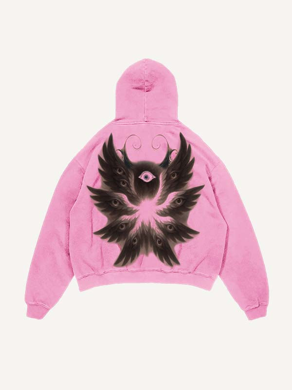 Sudadera con capucha y bolsillos inclinados con estampado gráfico de alas y ojos desgastados