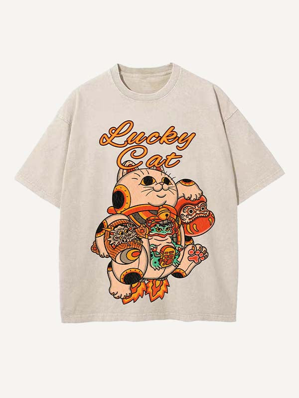 Camiseta de cuello redondo con estampado desgastado de gato, dragón, animal y gráfico 