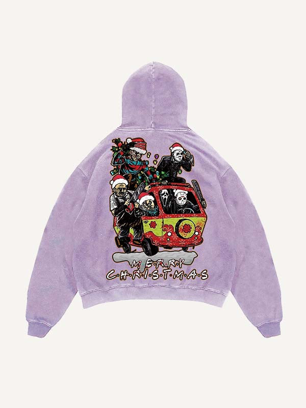 Sudadera con capucha y bolsillos inclinados con estampado de terror navideño desgastado y lavado