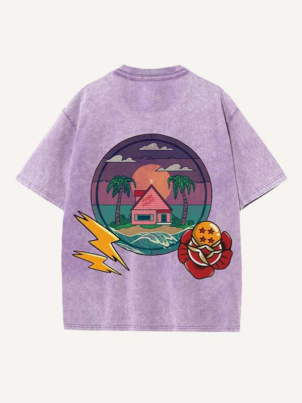 Camiseta de cuello redondo con estampado gráfico de dragón y casa desgastada 