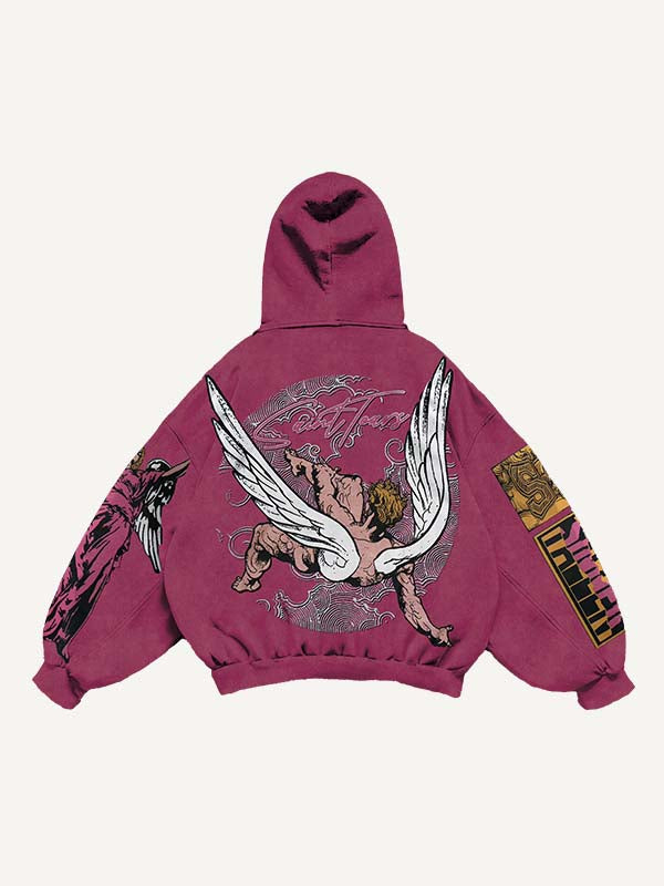 Figure&Wing&Letter Print Slant Pockets Hoodie