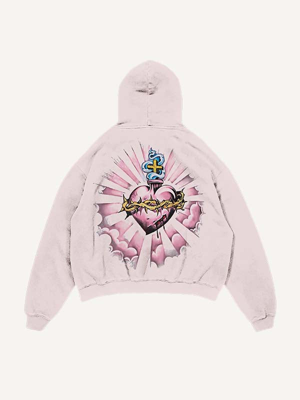 Sudadera con capucha y bolsillos inclinados con estampado desgastado de oraciones, letras, corazones y palmeras 