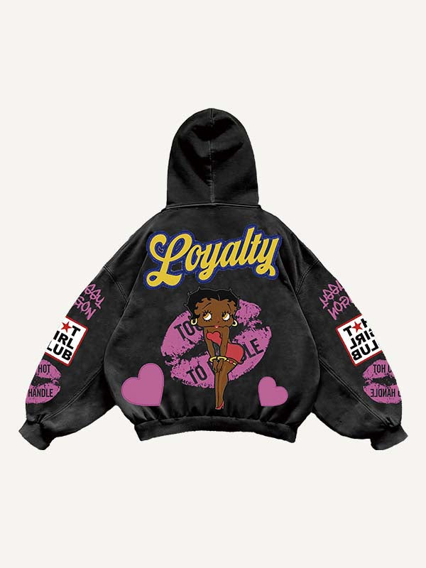 Sudadera con capucha y bolsillos inclinados con estampado de calcomanías falsas de figura, labios, corazón y letras 