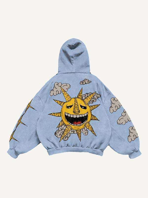 Sudadera con capucha y bolsillos inclinados con estampado de luna, sol, estrellas y nubes malvadas 