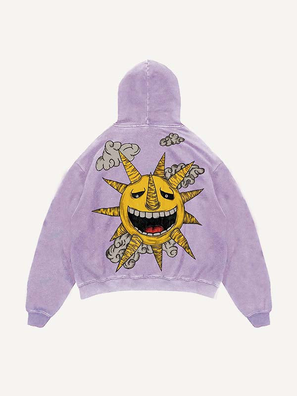 Sudadera con capucha desgastada, lavada, con estampado de luna, sol, estrellas y nubes malvadas y bolsillos inclinados 