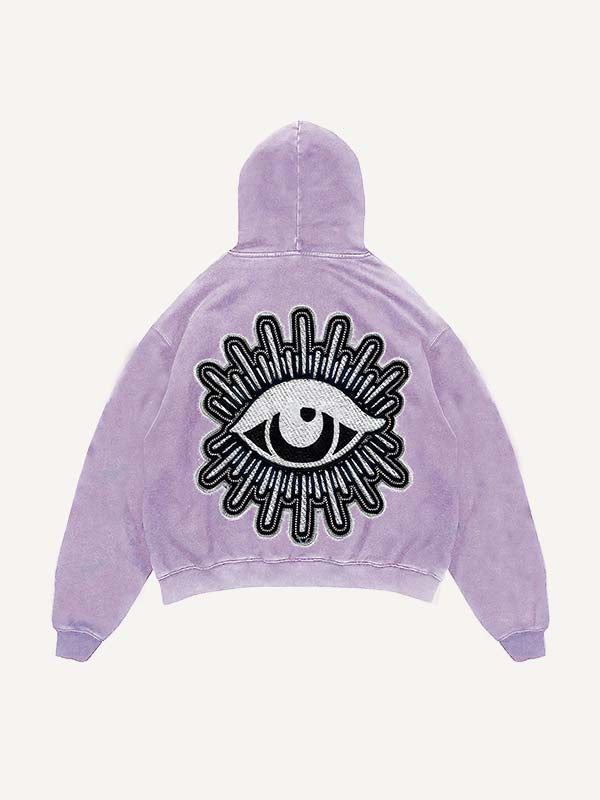 Sudadera con capucha y bolsillos inclinados con estampado de calcomanías falsas de luna, estrellas y ojos desgastados y lavados 