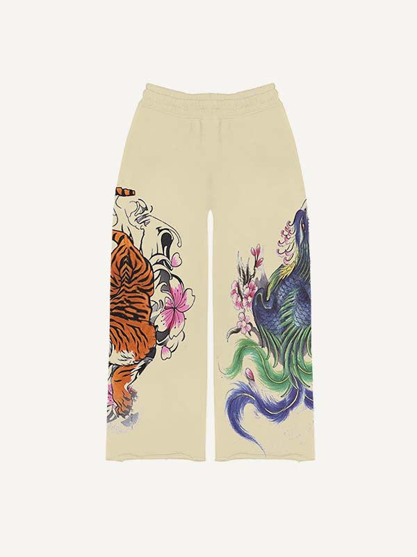 Pantalones con cordón en la cintura y estampado de dragón, tigre y fénix
