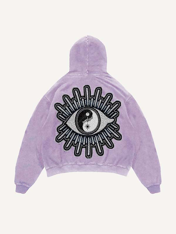 Sudadera con capucha y bolsillos inclinados con estampado gráfico de sol, luna, estrella y ojos, desgastada y lavada 