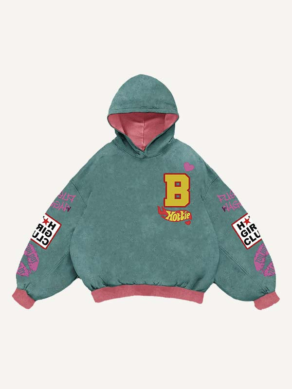 Sudadera con capucha y bolsillos inclinados con estampado de calcomanías falsas de figura, labios, corazón y letras 