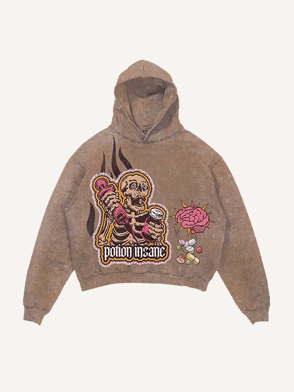 Sudadera con capucha y bolsillos inclinados, desgastada, con estampado de esqueleto inyectable, medicina y letras falsas 