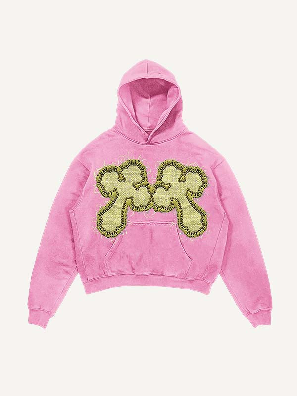 Sudadera con capucha y bolsillos inclinados con estampado de cruz y calavera lavada y desgastada