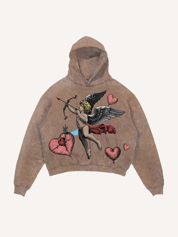 Sudadera con capucha y bolsillos inclinados con estampado de Cupido y Corazón desgastado y lavado 