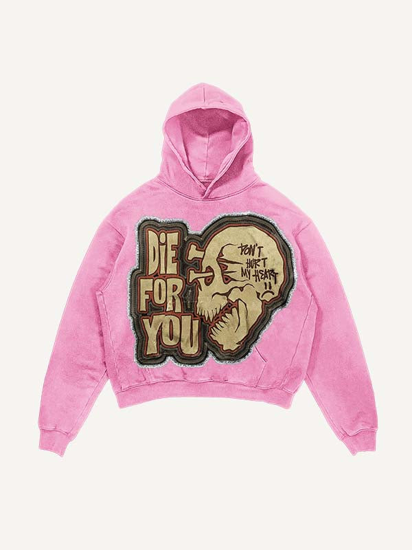 Sudadera con capucha desgastada, lavado y con estampado de calavera falsa "Die For You" y bolsillos inclinados 