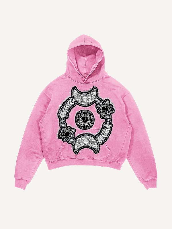 Sudadera con capucha y bolsillos inclinados con estampado gráfico de sol, luna, estrella y ojos, desgastada y lavada 