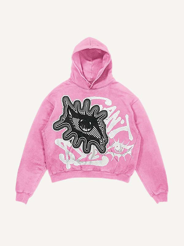 Sudadera con capucha y bolsillos inclinados con estampado de calcomanías falsas de ojos y letras desgastadas 