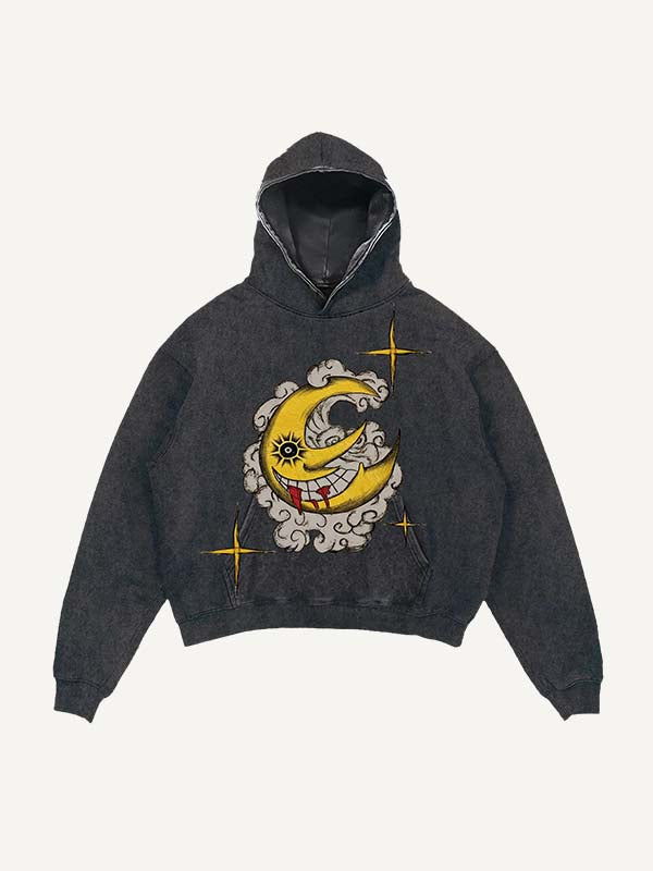 Sudadera con capucha desgastada, lavada, con estampado de luna, sol, estrellas y nubes malvadas y bolsillos inclinados 