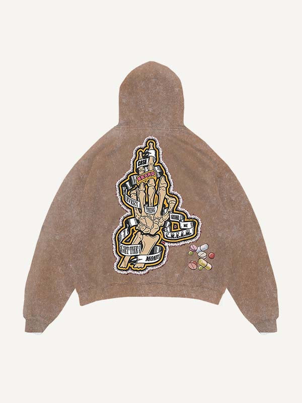 Sudadera con capucha y bolsillos inclinados, desgastada, con estampado de esqueleto inyectable, medicina y letras falsas 