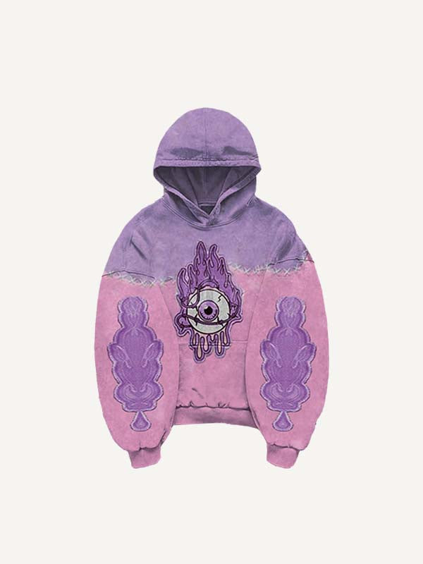 Sudadera con capucha y bolsillos inclinados con estampado de calcomanías falsas de ojos en bloques de color 