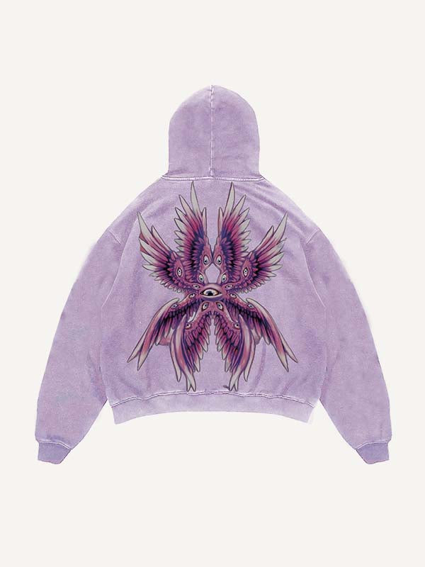 Sudadera con capucha y bolsillos inclinados con estampado desgastado de ojos y alas 