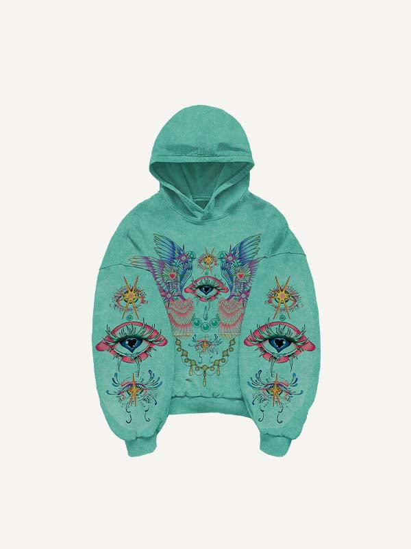 Sudadera con capucha y bolsillos inclinados con estampado de ojos y alas 