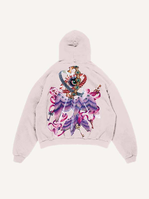 Sudadera con capucha y bolsillos inclinados con estampado gráfico de alas y ojos desgastados