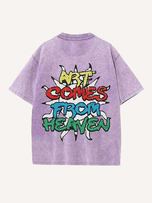 Camiseta de cuello redondo con estampado de letras y sol desgastado y lavado 