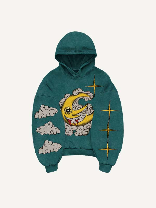 Sudadera con capucha y bolsillos inclinados con estampado de luna, sol, estrellas y nubes malvadas 
