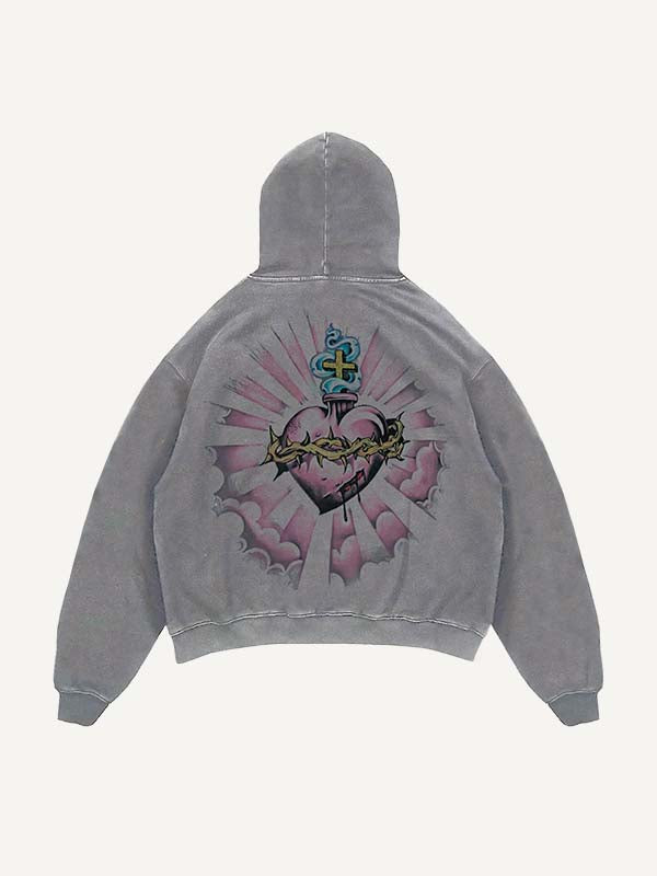 Sudadera con capucha y bolsillos inclinados con estampado desgastado de oraciones, letras, corazones y palmeras 