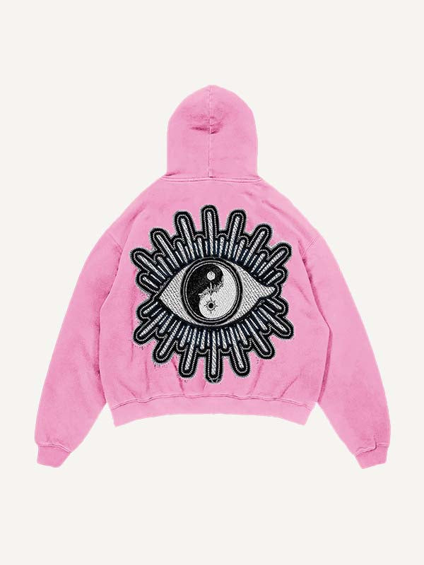 Sudadera con capucha y bolsillos inclinados con estampado gráfico de sol, luna, estrella y ojos, desgastada y lavada 