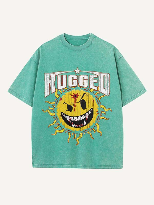 Camiseta de cuello redondo con estampado de letras y sol malvado desgastado y lavado 