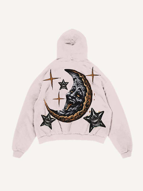 Sudadera con capucha y bolsillos inclinados con estampado de luna, sol, nubes y estrellas malvadas y desgastada 