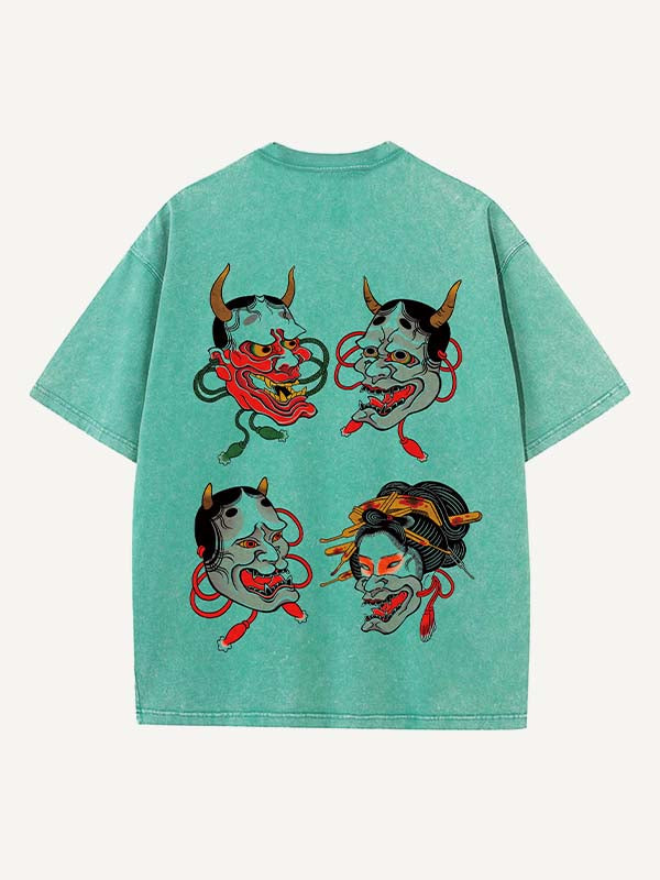 Camiseta de cuello redondo con estampado gráfico y figura lavada desgastada 